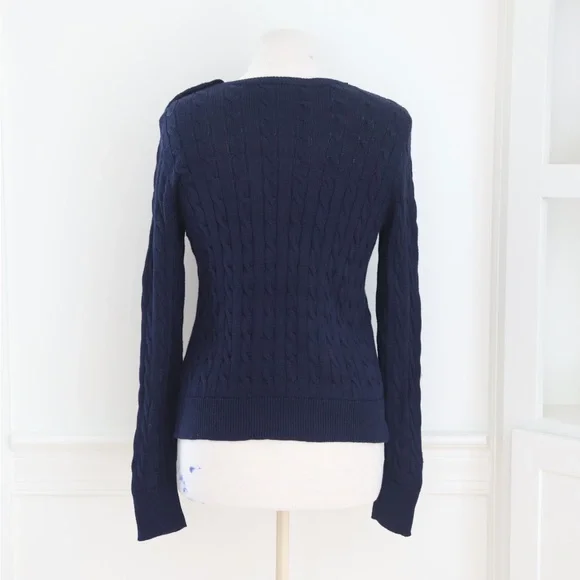 Lauren Ralph Lauren Navy Blue Cable Knit Sweater Button Details Petite Medium - Picture 2 of 8